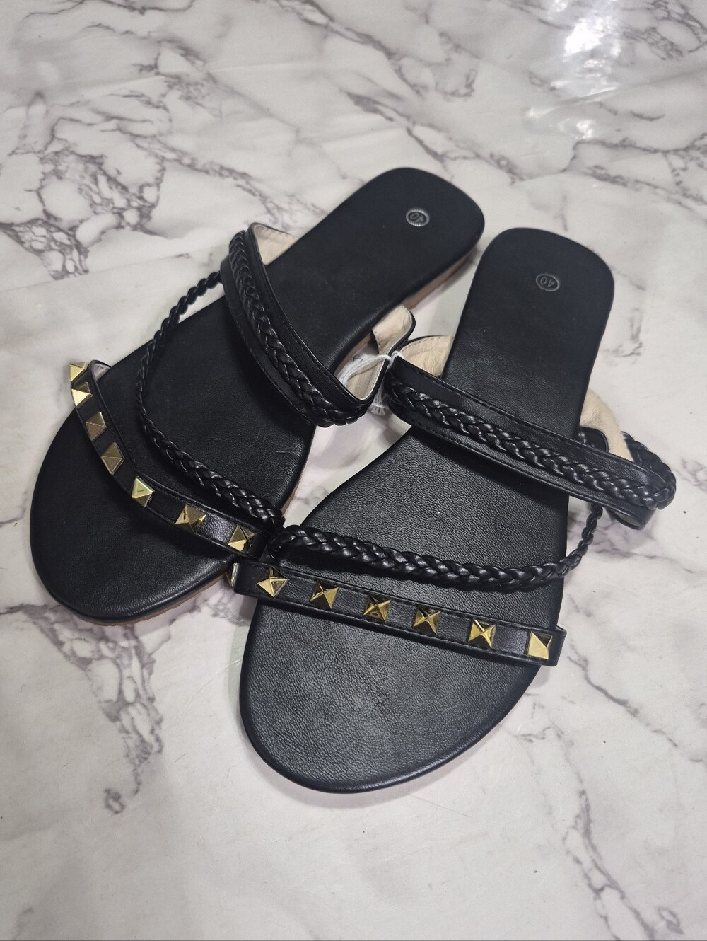 Black Studded Braided Slide Sandals